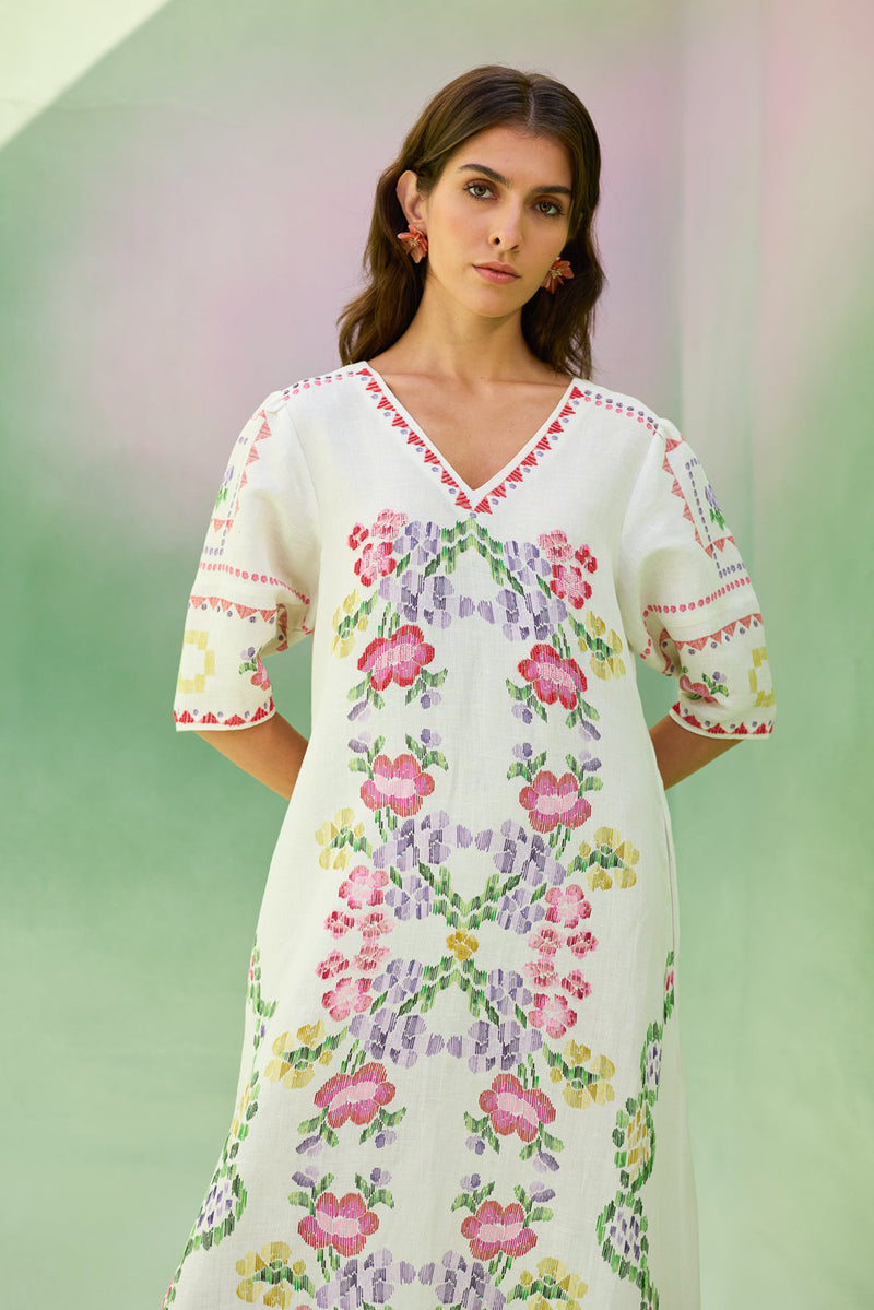 Ivory Floral Ikat V-Neck Maxi Dress linen dress by World of SiSa in ivory for women Worldwide