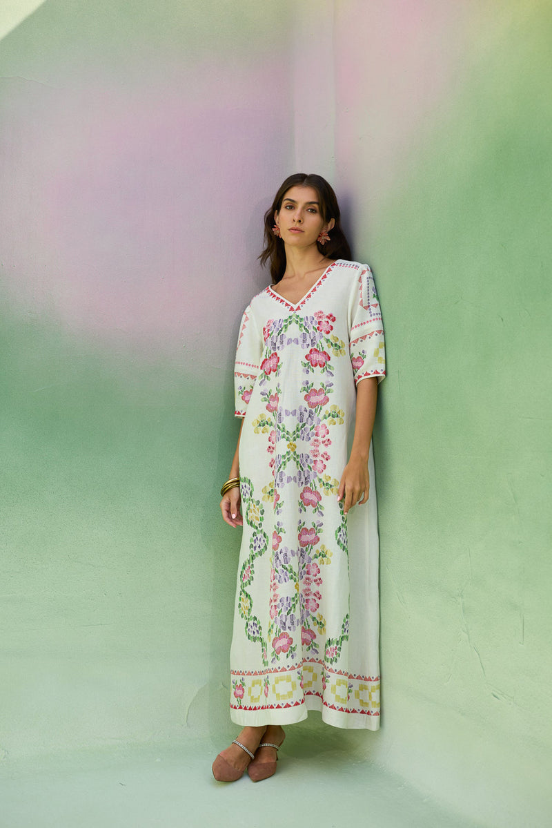 Ivory Floral Ikat V-Neck Maxi Dress linen dress by World of SiSa in ivory for women Worldwide