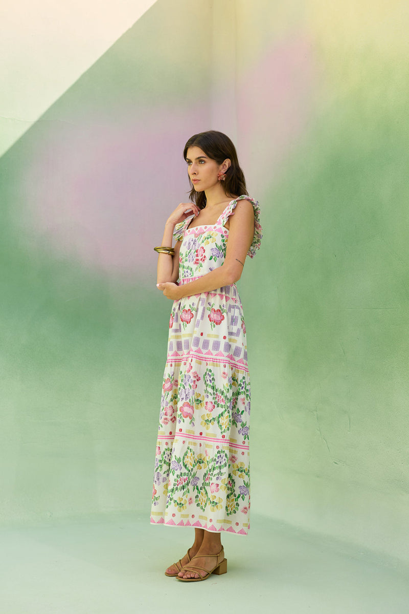 Ivory Floral Ikat Tiered Maxi Dress cotton dress by World of SiSa in ivory for women Worldwide