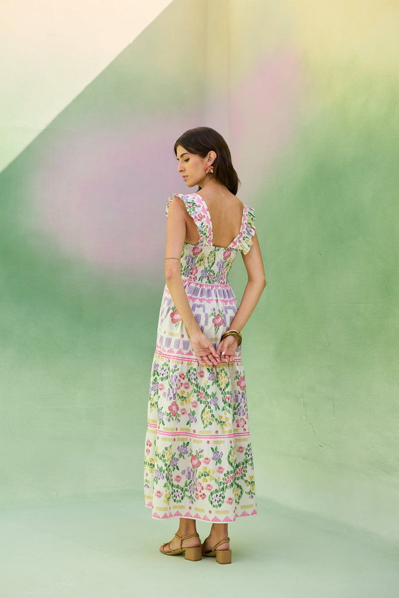 Ivory Floral Ikat Tiered Maxi Dress cotton dress by World of SiSa in ivory for women Worldwide