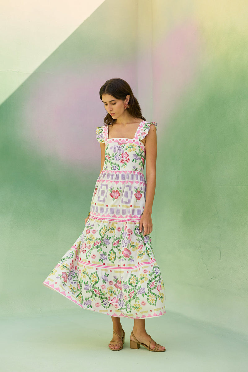 Ivory Floral Ikat Tiered Maxi Dress cotton dress by World of SiSa in ivory for women Worldwide