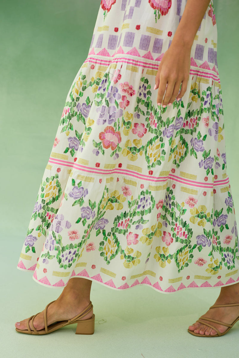 Ivory Floral Ikat Tiered Maxi Dress cotton dress by World of SiSa in ivory for women Worldwide