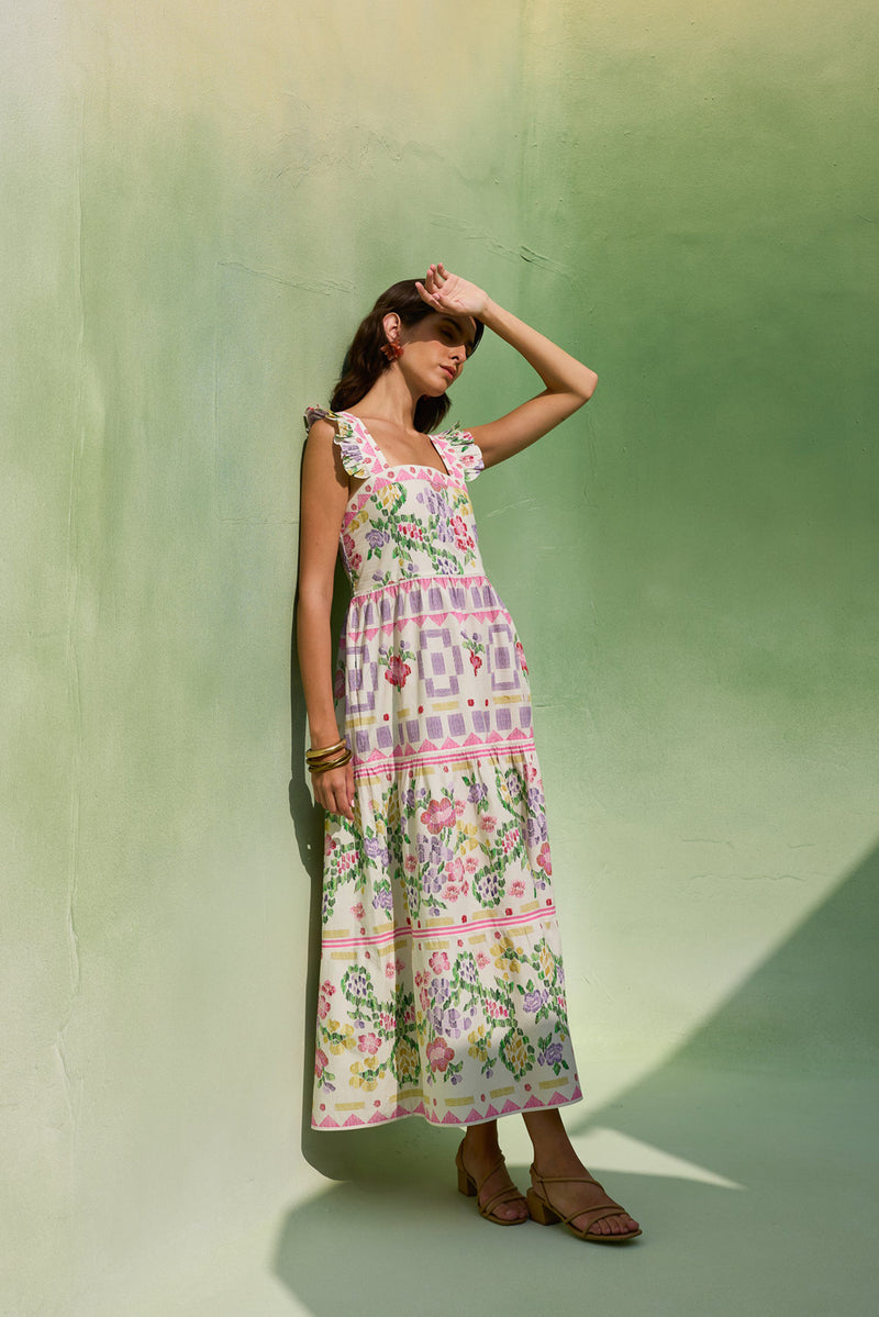 Ivory Floral Ikat Tiered Maxi Dress cotton dress by World of SiSa in ivory for women Worldwide
