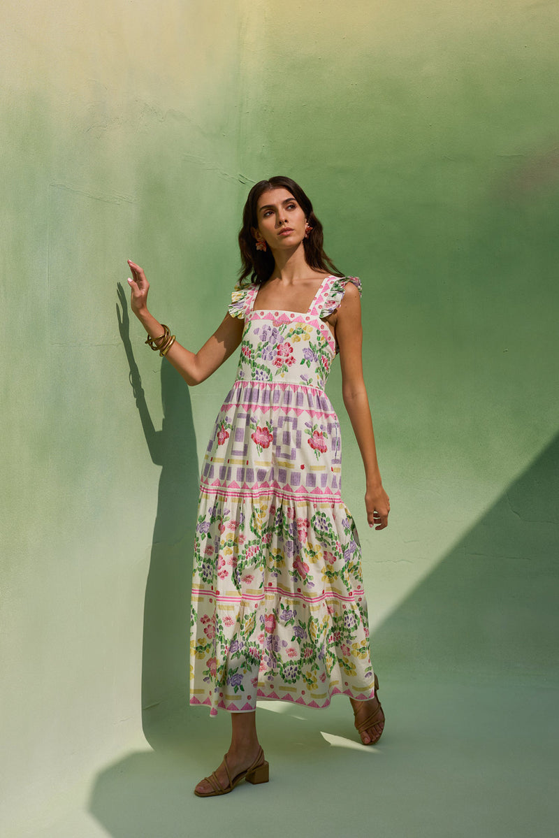 Ivory Floral Ikat Tiered Maxi Dress cotton dress by World of SiSa in ivory for women Worldwide