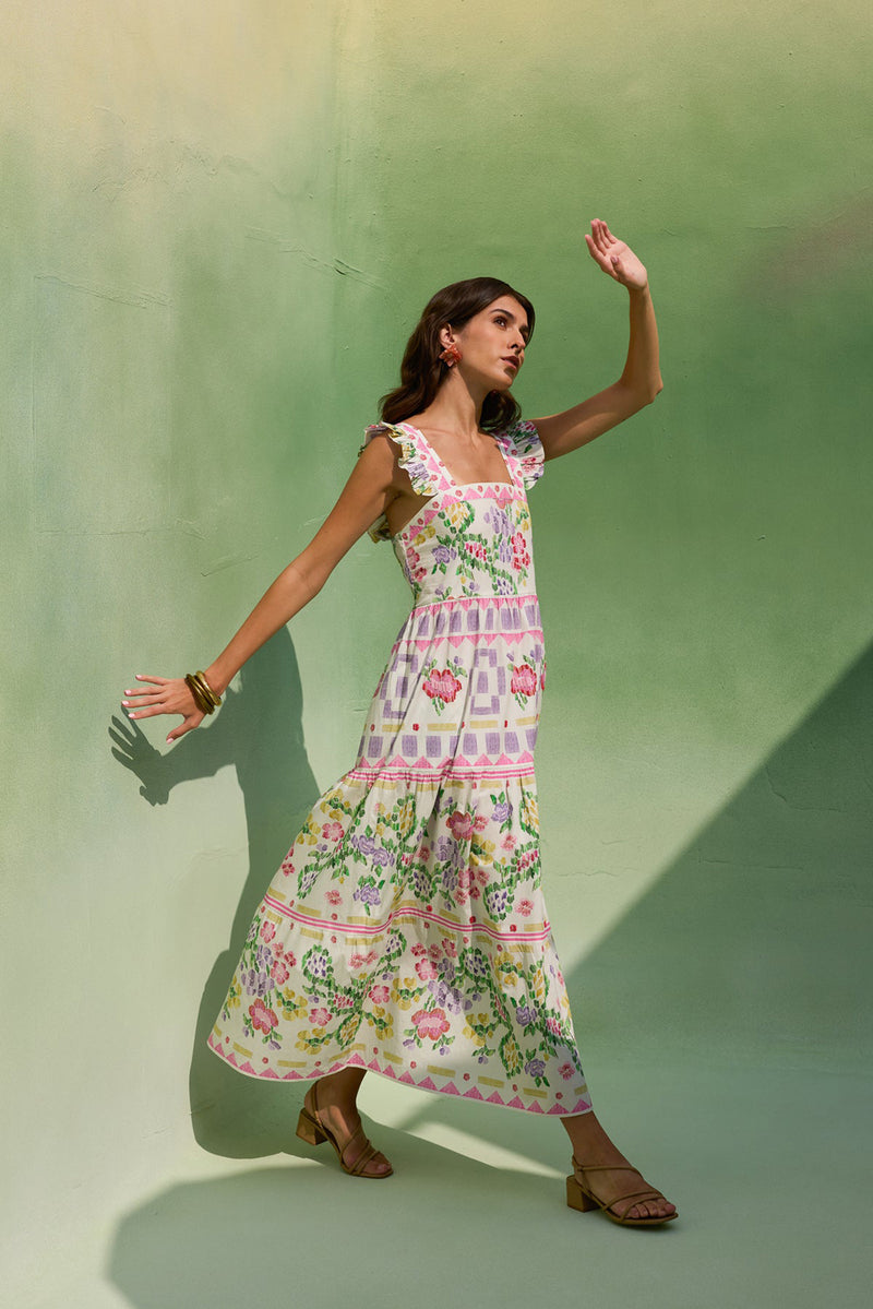 Ivory Floral Ikat Tiered Maxi Dress cotton dress by World of SiSa in ivory for women Worldwide