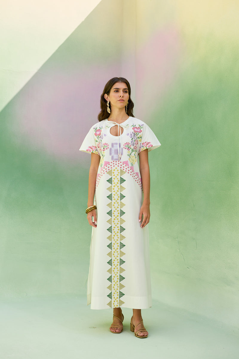Ivory Floral Ikat Maxi Dress cotton dress by World of SiSa in ivory for women Worldwide