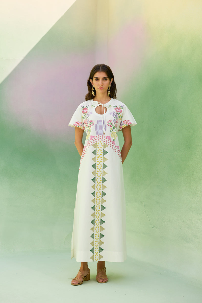 Ivory Floral Ikat Maxi Dress cotton dress by World of SiSa in ivory for women Worldwide