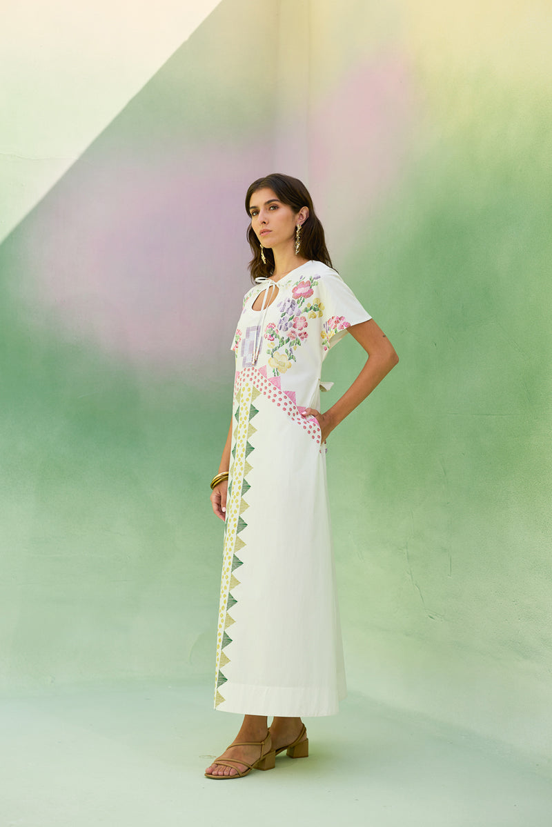 Ivory Floral Ikat Maxi Dress cotton dress by World of SiSa in ivory for women Worldwide