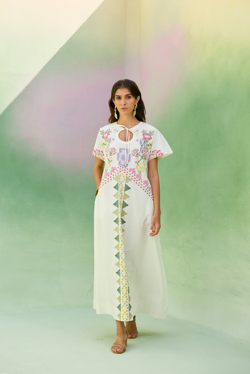 Ivory Floral Ikat Maxi Dress cotton dress by World of SiSa in ivory for women Worldwide