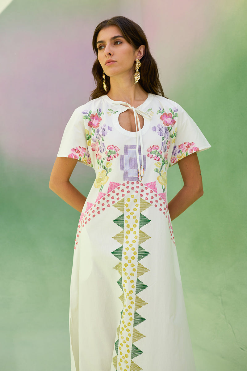 Ivory Floral Ikat Maxi Dress cotton dress by World of SiSa in ivory for women Worldwide