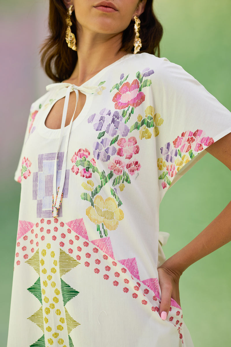 Ivory Floral Ikat Maxi Dress cotton dress by World of SiSa in ivory for women Worldwide
