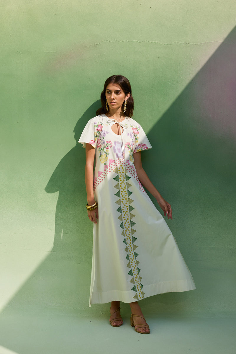 Ivory Floral Ikat Maxi Dress cotton dress by World of SiSa in ivory for women Worldwide