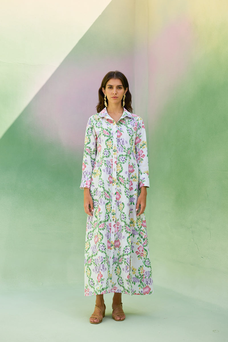 Ivory Floral Ikat Collared Shirt Dress cotton dress by World of SiSa in ivory for women Worldwide