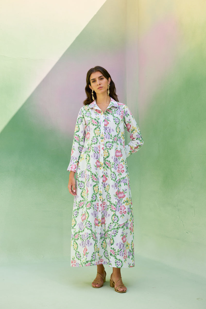 Ivory Floral Ikat Collared Shirt Dress cotton dress by World of SiSa in ivory for women Worldwide