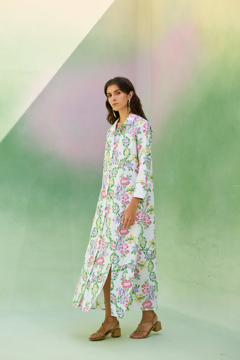 Ivory Floral Ikat Collared Shirt Dress cotton dress by World of SiSa in ivory for women Worldwide