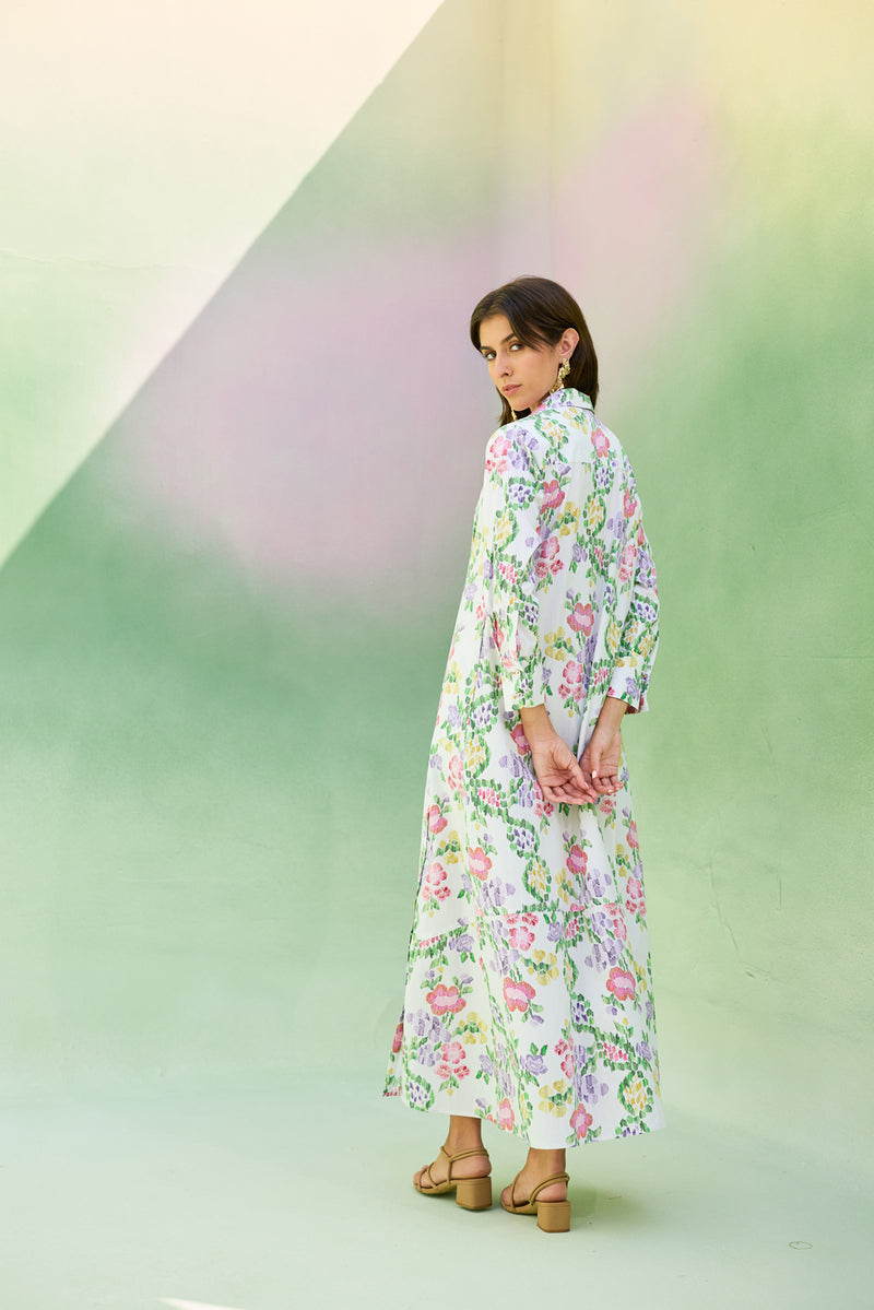 Ivory Floral Ikat Collared Shirt Dress cotton dress by World of SiSa in ivory for women Worldwide