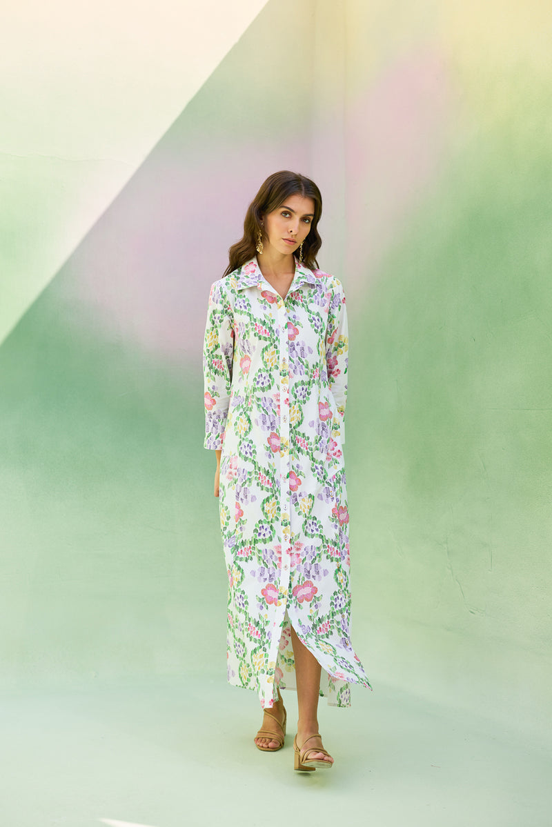 Ivory Floral Ikat Collared Shirt Dress cotton dress by World of SiSa in ivory for women Worldwide