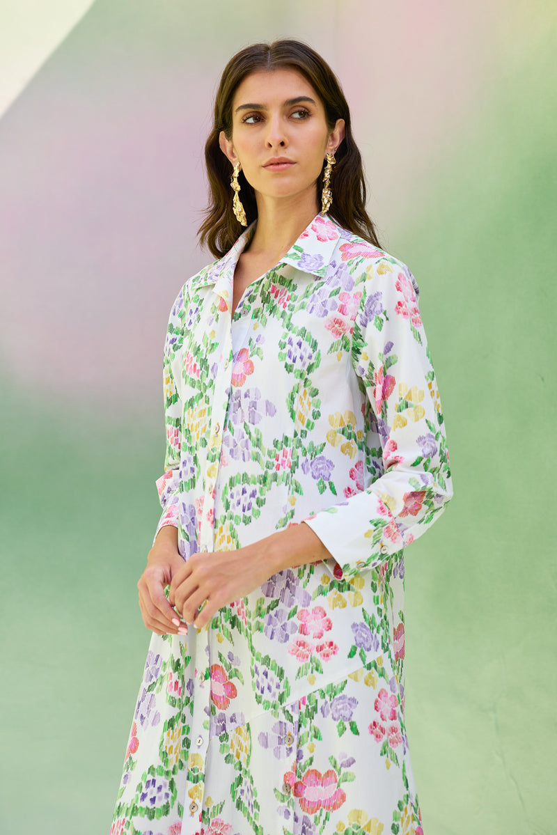 Ivory Floral Ikat Collared Shirt Dress cotton dress by World of SiSa in ivory for women Worldwide