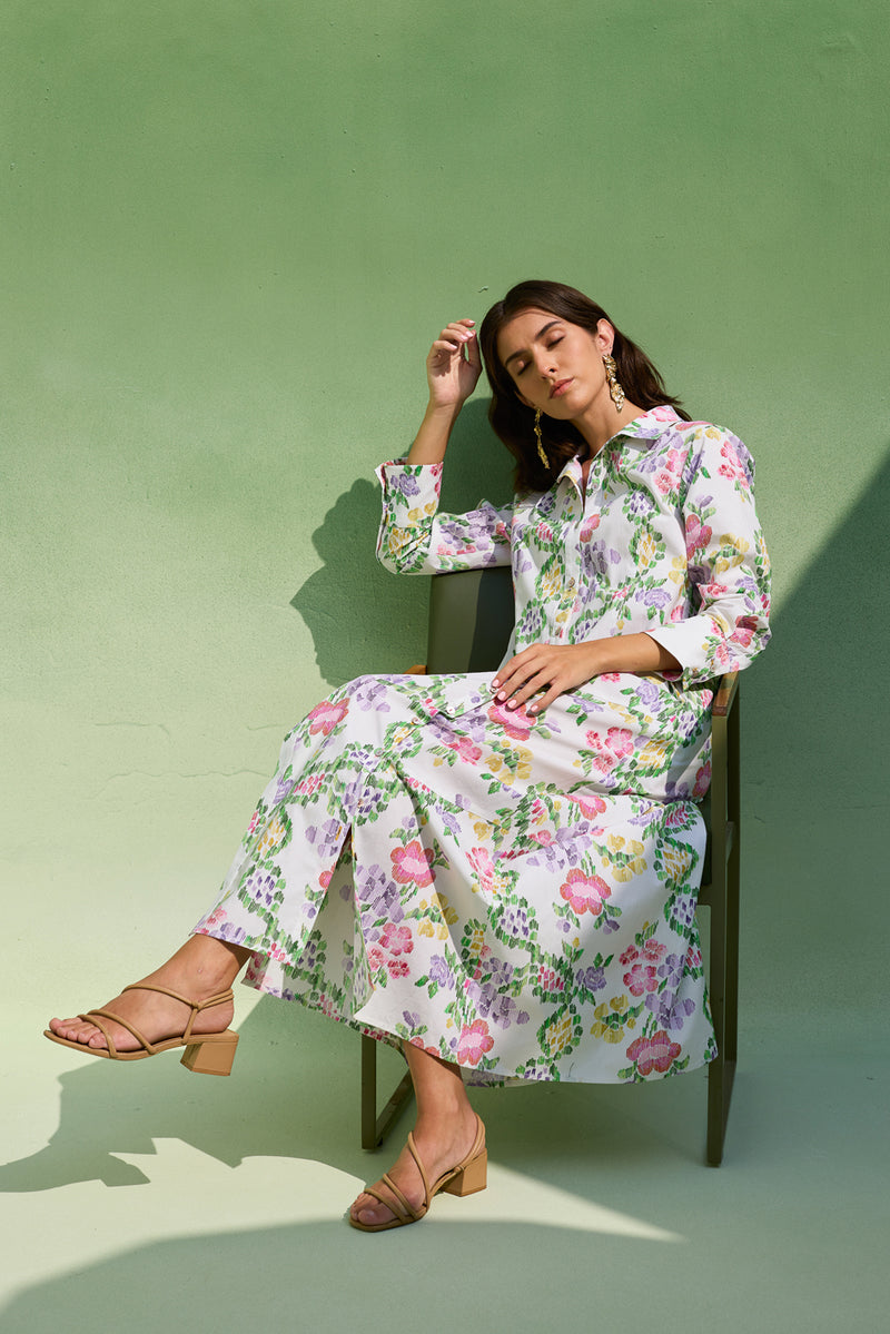 Ivory Floral Ikat Collared Shirt Dress cotton dress by World of SiSa in ivory for women Worldwide