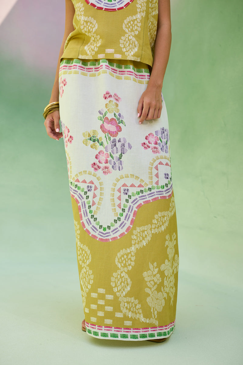 Ochre Floral Ikat Co-ord Set linen co-ord set by World of SiSa in musturd yellow for women Worldwide