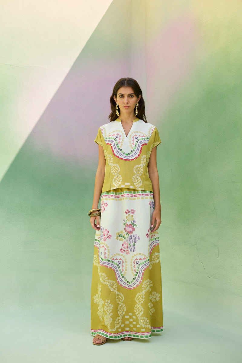 Ochre Floral Ikat Co-ord Set linen co-ord set by World of SiSa in musturd yellow for women Worldwide