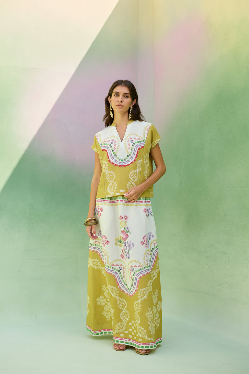 Ochre Floral Ikat Co-ord Set linen co-ord set by World of SiSa in musturd yellow for women Worldwide