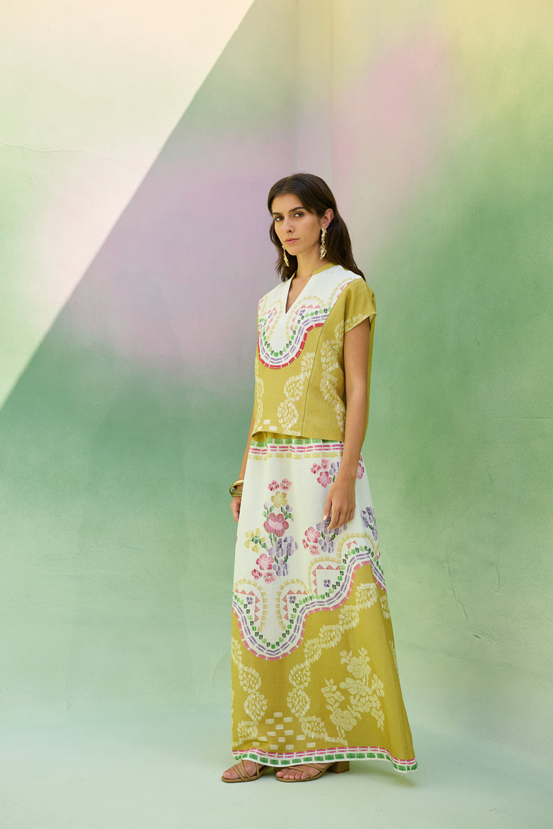 Ochre Floral Ikat Co-ord Set linen co-ord set by World of SiSa in musturd yellow for women Worldwide