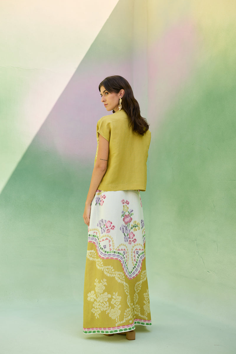 Ochre Floral Ikat Co-ord Set linen co-ord set by World of SiSa in musturd yellow for women Worldwide