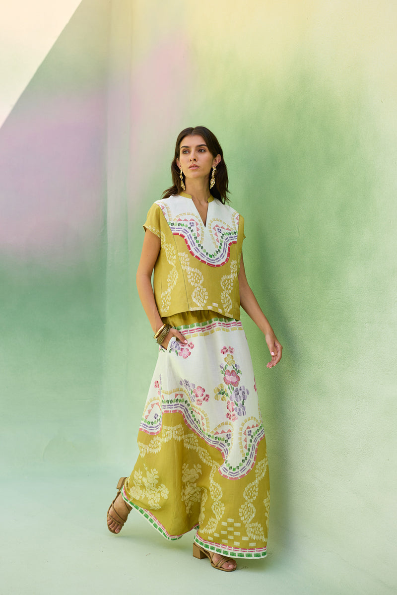 Ochre Floral Ikat Co-ord Set linen co-ord set by World of SiSa in musturd yellow for women Worldwide