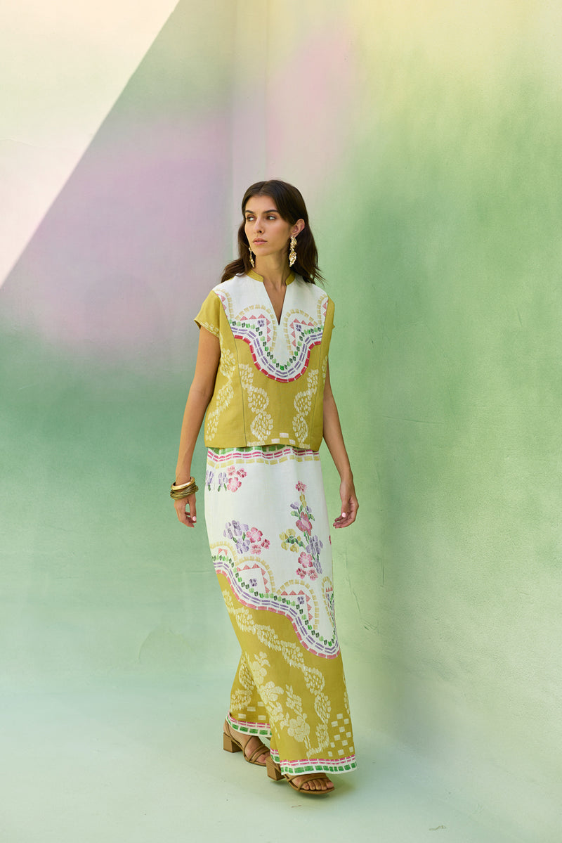 Ochre Floral Ikat Co-ord Set linen co-ord set by World of SiSa in musturd yellow for women Worldwide