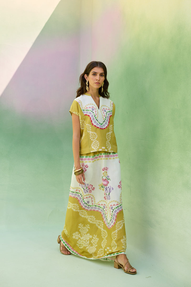 Ochre Floral Ikat Co-ord Set linen co-ord set by World of SiSa in musturd yellow for women Worldwide