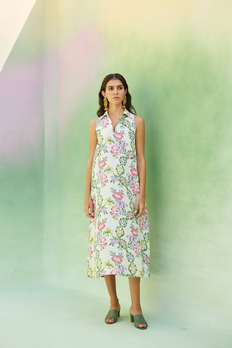 Ivory Floral Ikat Sleeveless Midi Dress linen dress by World of SiSa in ivory for women Worldwide
