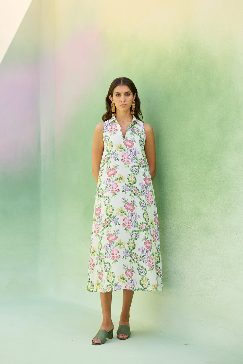 Ivory Floral Ikat Sleeveless Midi Dress linen dress by World of SiSa in ivory for women Worldwide