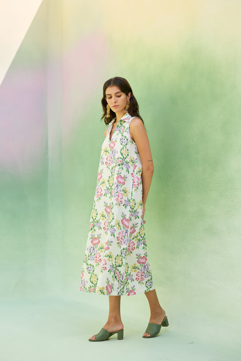 Ivory Floral Ikat Sleeveless Midi Dress linen dress by World of SiSa in ivory for women Worldwide