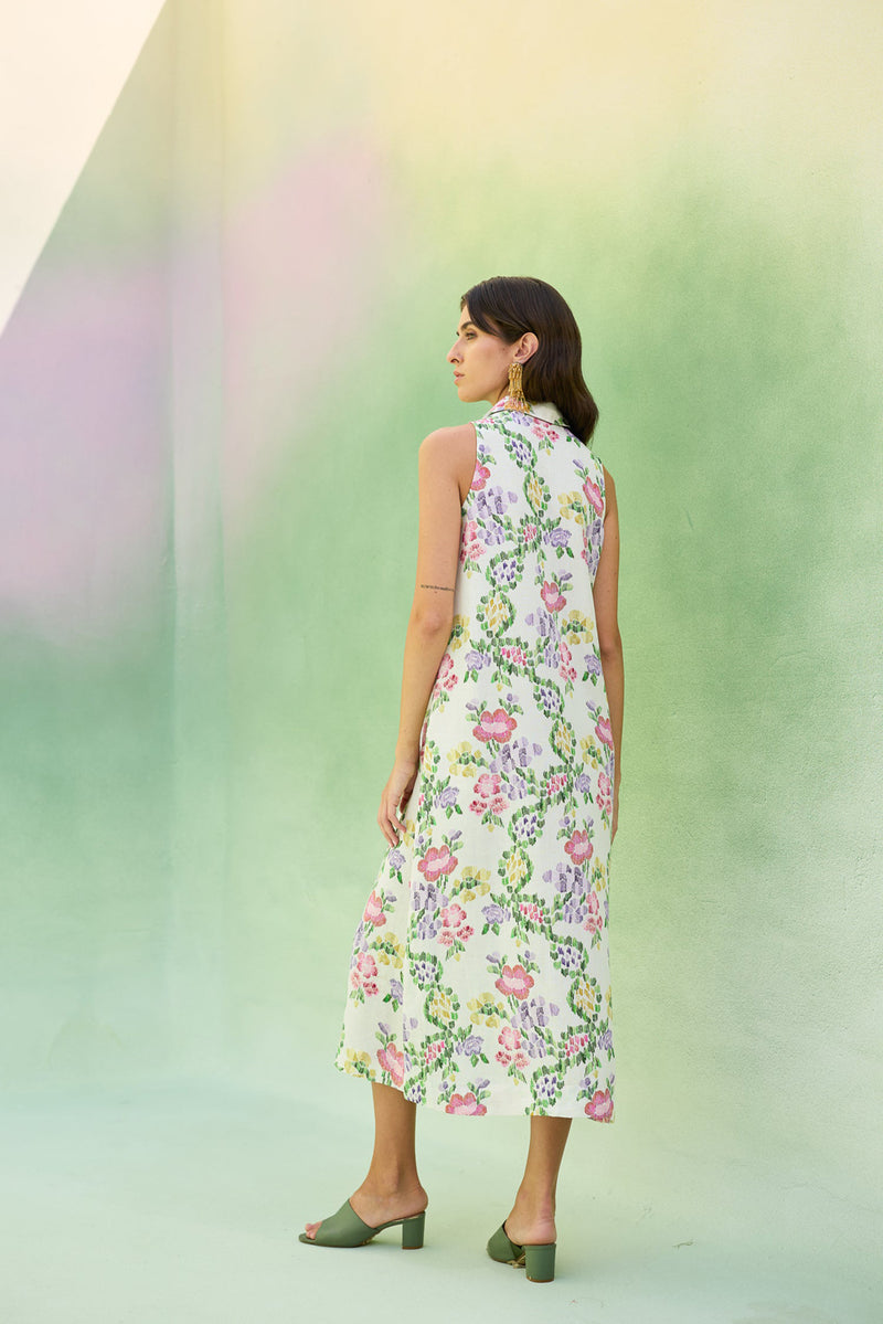Ivory Floral Ikat Sleeveless Midi Dress linen dress by World of SiSa in ivory for women Worldwide