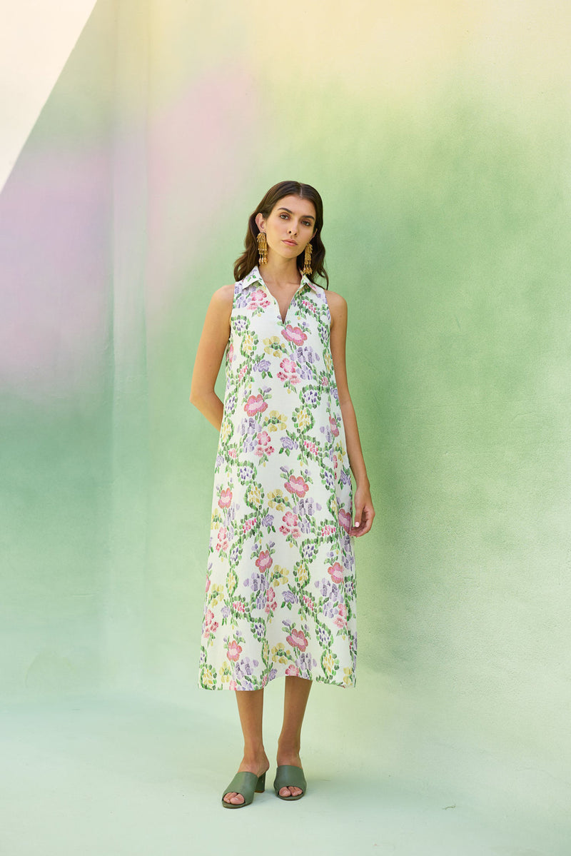 Ivory Floral Ikat Sleeveless Midi Dress linen dress by World of SiSa in ivory for women Worldwide