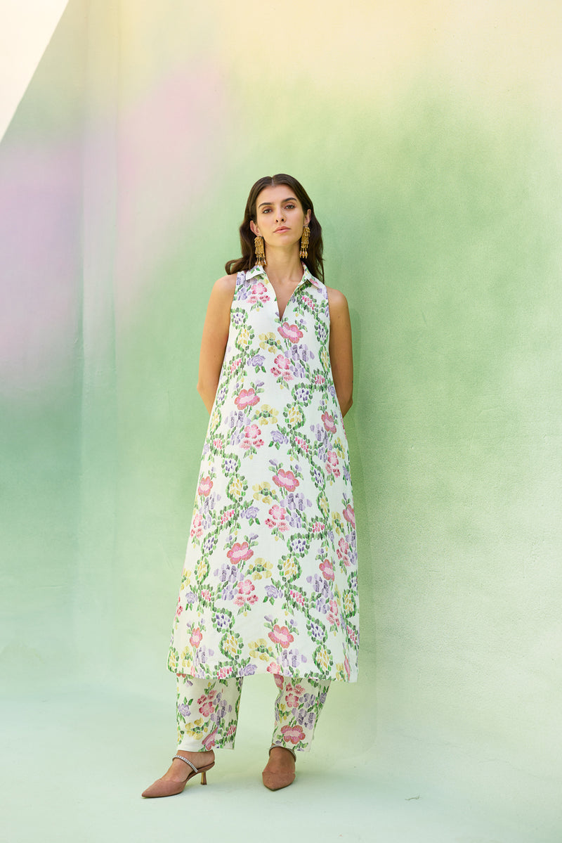 Ivory Floral Ikat Co-ord Set linen co-ord set by World of SiSa in ivory for women Worldwide