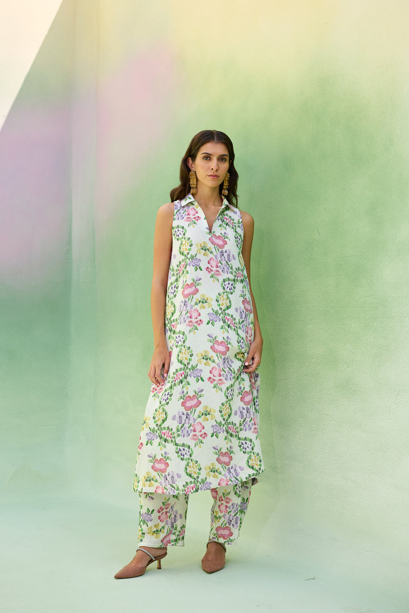Ivory Floral Ikat Co-ord Set linen co-ord set by World of SiSa in ivory for women Worldwide