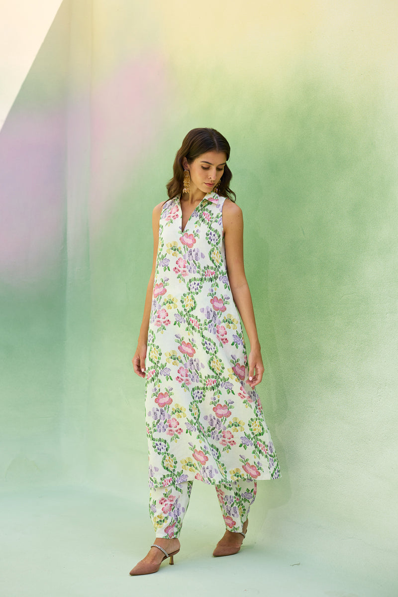 Ivory Floral Ikat Co-ord Set linen co-ord set by World of SiSa in ivory for women Worldwide