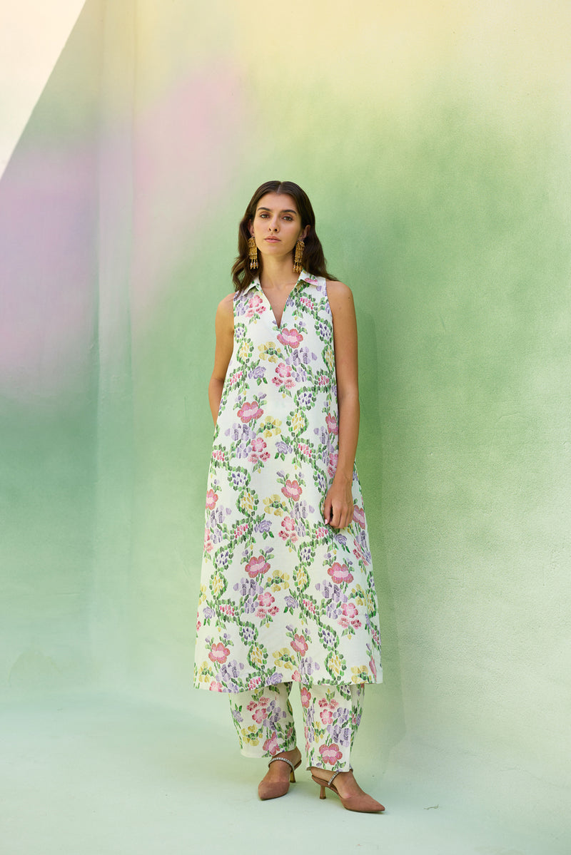 Ivory Floral Ikat Co-ord Set linen co-ord set by World of SiSa in ivory for women Worldwide