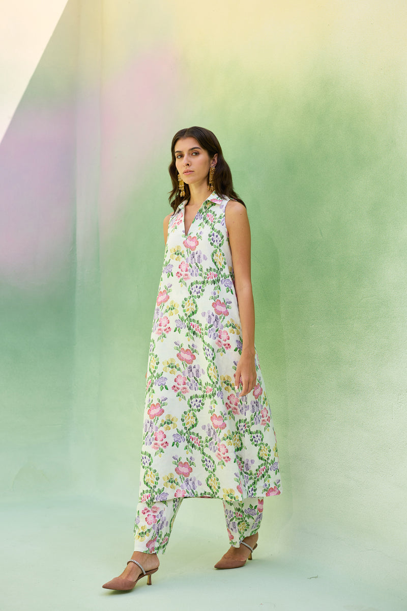 Ivory Floral Ikat Co-ord Set linen co-ord set by World of SiSa in ivory for women Worldwide