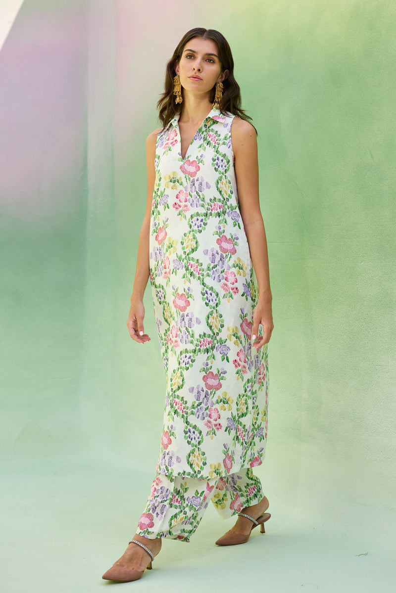 Ivory Floral Ikat Co-ord Set linen co-ord set by World of SiSa in ivory for women Worldwide