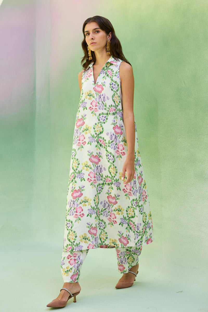 Ivory Floral Ikat Co-ord Set linen co-ord set by World of SiSa in ivory for women Worldwide