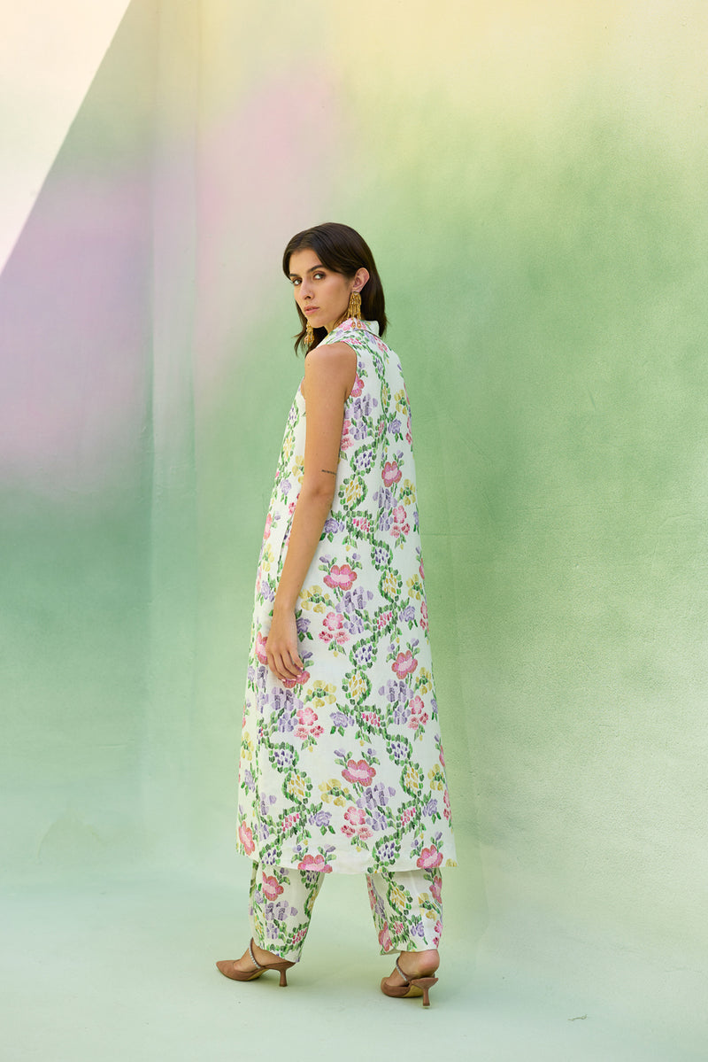 Ivory Floral Ikat Co-ord Set linen co-ord set by World of SiSa in ivory for women Worldwide