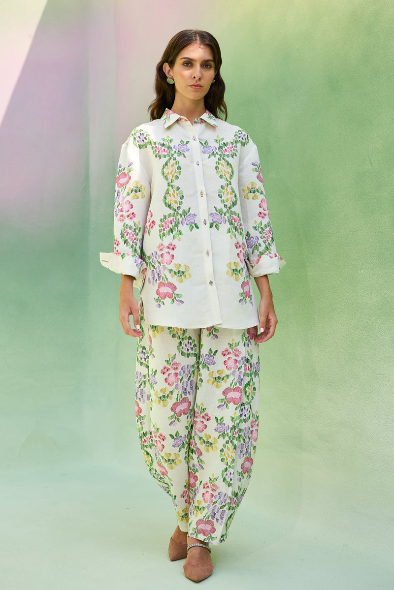Ivory Multi-coloured Floral Ikat Set linen co-ord set by World of SiSa in ivory for women Worldwide
