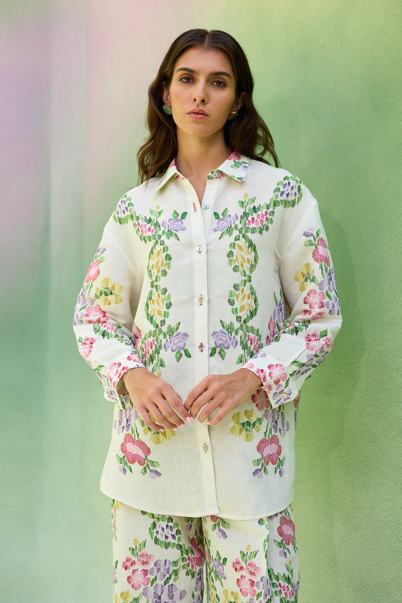 Ivory Multi-coloured Floral Ikat Set linen co-ord set by World of SiSa in ivory for women Worldwide