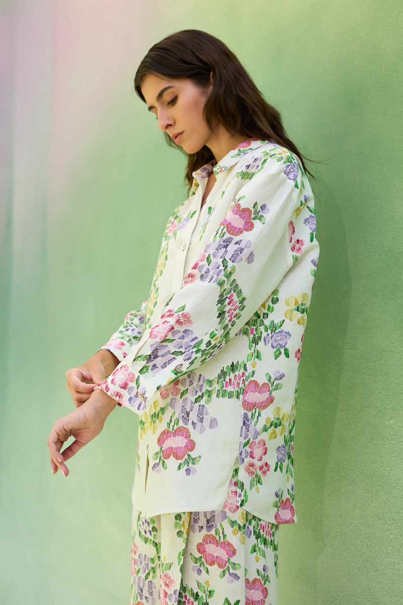 Ivory Floral Ikat Shirt linen top/shirt by World of SiSa in ivory for women Worldwide