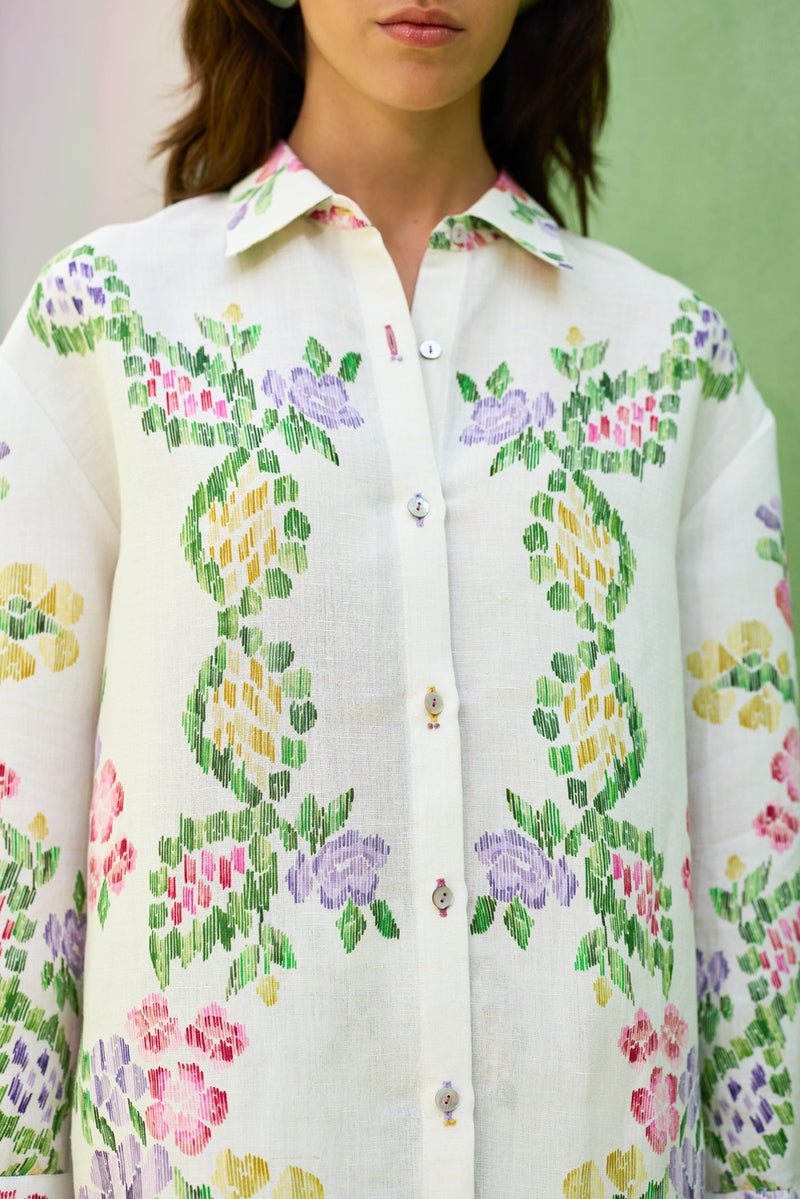 Ivory Multi-coloured Floral Ikat Set linen co-ord set by World of SiSa in ivory for women Worldwide