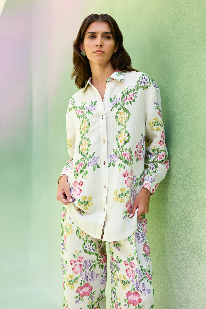 Ivory Multi-coloured Floral Ikat Set linen co-ord set by World of SiSa in ivory for women Worldwide