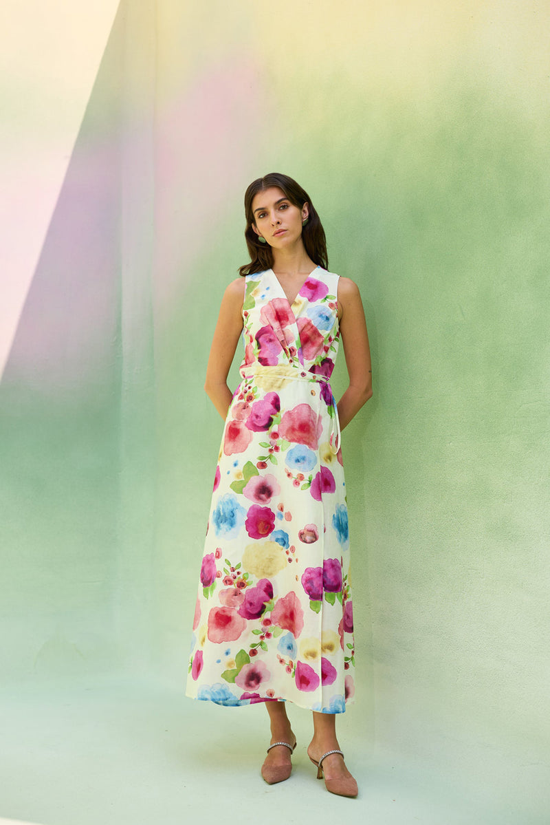 Californian Poppies Wrap Dress cotton, silk dress by World of SiSa in multi-color for women Worldwide
